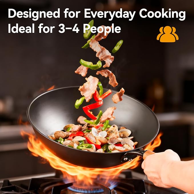 WANGYUANJI Carbon Steel Wok Pan - 12.6 Inch Flat Bottom Wok, Premium Stir Fry Pan, Uncoated Iron Woks for Induction Cookware and Gas Stoves