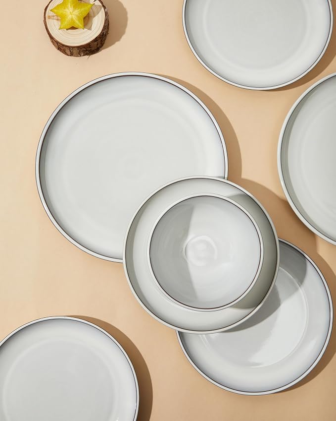 12 piece Santorini Mist Terracotta Reactive Glaze Plates and Bowls Sets, Stoneware Dinnerware Sets, Microwave and Dishwasher Safe Ceramic Dish Set Service for 4, Moonstone White