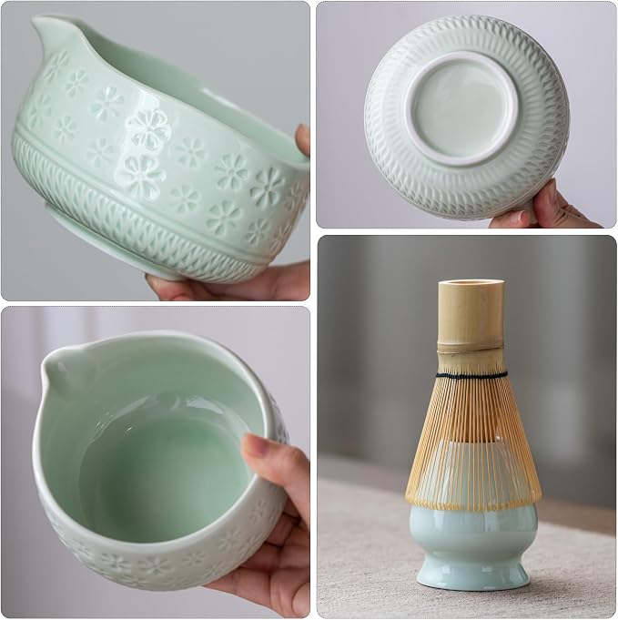 Buucup Matcha Whisk Set, Ceramic Matcha Kit with Bowl & Bamboo Whisk | 7-piece set with ceramic bowl, bamboo whisk, scoop, holder, sifter and tea towel. Ideal for beginners, daily matcha and gift