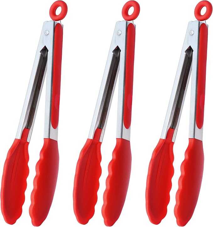 HINMAY Silicone Cooking Tongs 9-Inch Serving Tongs, Set of 3 (Red)