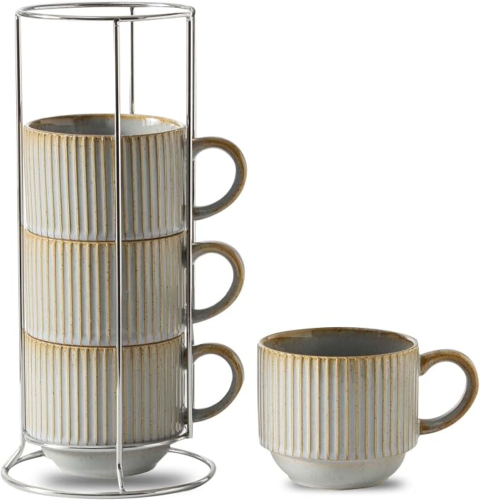 HASENSE Coffee Mug Ceramic Set of 4 with Stand - 15 oz Rustic Farmhouse Stackable Ribbed Latte Cup Set for Cappuccino, Tea, Hot Cocoa, Drinks - Dishwasher & Microwave Safe, Lavender Gray