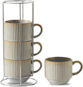 HASENSE Coffee Mug Ceramic Set of 4 with Stand - 15 oz Rustic Farmhouse Stackable Ribbed Latte Cup Set for Cappuccino, Tea, Hot Cocoa, Drinks - Dishwasher & Microwave Safe, Lavender Gray