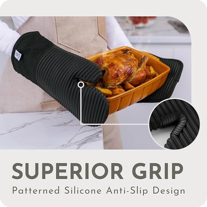 Extra Long Silicone Oven Mitts and Pot Holders Sets | Heat Resistant 500°F BPA-Free Food Grade Silicone Hot Pads & Kitchen Mittens | 4-Piece Set of Oven Gloves & Potholders for Kitchens.