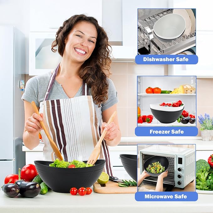 Big Wheat Straw Bowls,Unbreakable Large Salad Bowls,Dishwasher and Microware Safe Plastic Bowls Reusable,Kitchen Bowl Set for Salad,Cereal,Soup and Oatmeal.Black and White