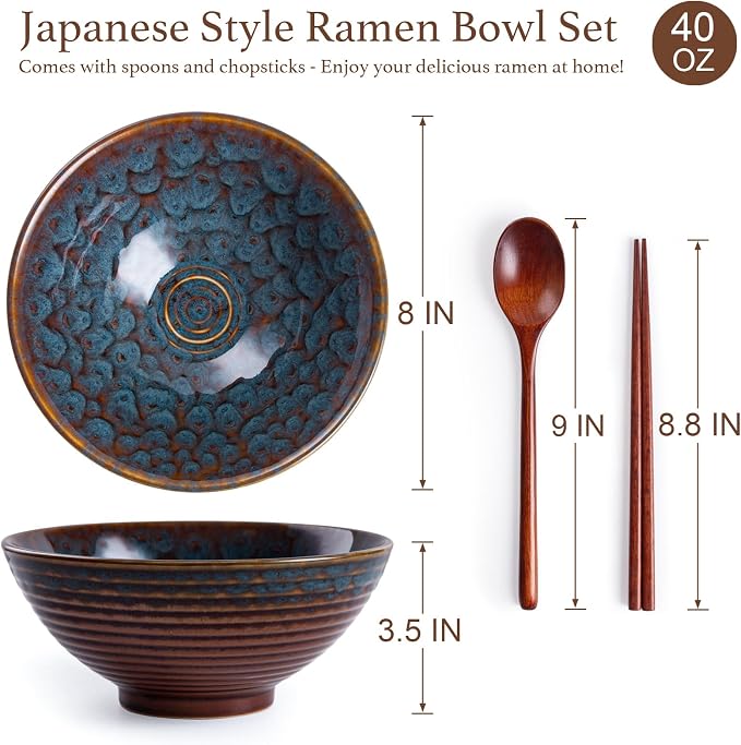 Ceramic Japanese Ramen Bowl Set, 2 Sets Asian Pho Udon Soup Noodle Bowls with Spoons and Chopsticks (Peacock Green, 8 inches)