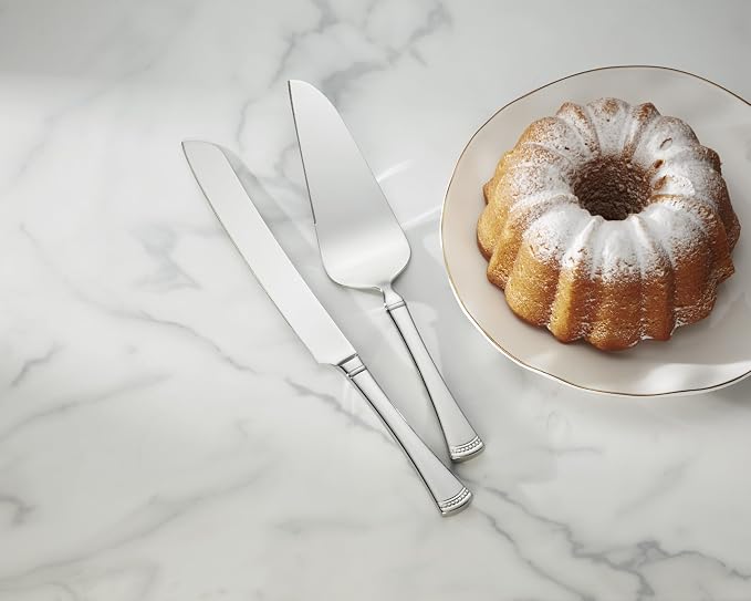 Lenox Portola Silverware Cake Knife & Server Dessert Set, 2-Piece, Flatware | 18/10 stainless steel, mirror finish | dishwasher safe | includes cake server and cake knife, wedding cake cutting set