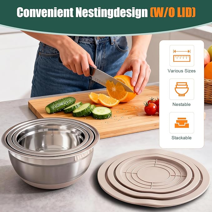 Stainless Steel Mixing Bowls Set with Lids & Silicone Base - 7-Piece Kitchen Gadgets Includes Colander, Grater, Egg Separator, Whisk - Nesting Bowls (1.5, 2, 2.5, 4.5 QT), Dishwasher Safe, Khaki