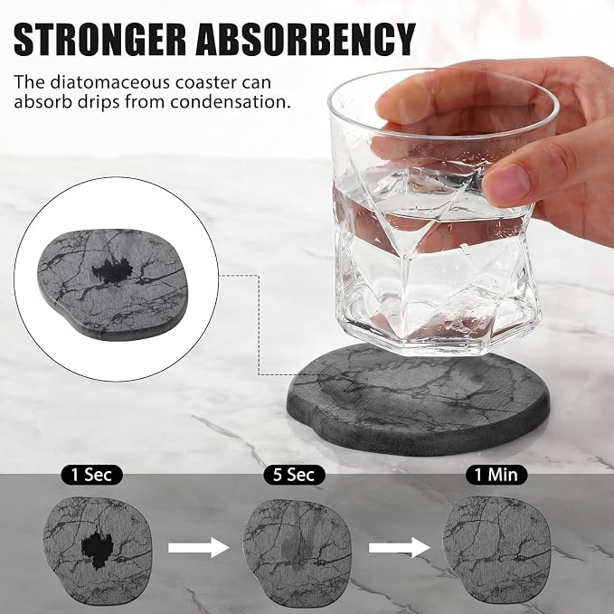 Diatomaceous Earth Coasters Set of 8，Cool Absorbent Quick-Dry Drink Coasters for Desks, Cute Modern Stone Design with Stylish Grey Aesthetic (8, Marble Grey)