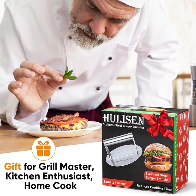 HULISEN Stainless Steel Burger Press, 6.2 inch Round Burger Smasher, Professional Griddle Accessories Kit, Grill Press Perfect for Flat Top Griddle Grill Cooking | Flat Edge, Even Pressure for Thin Patties, Dishwasher Safe, Griddle Accessories Fit Flat...
