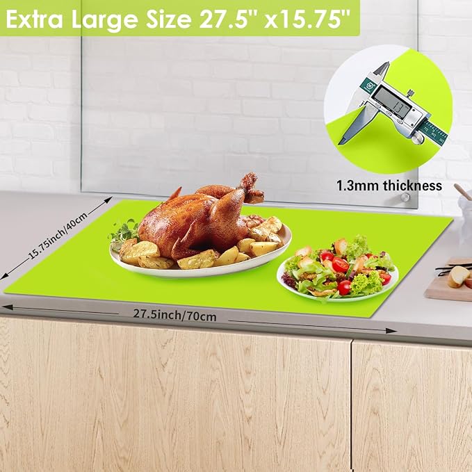 Extra Large Silicone Mat, Kitchen Counter Mat Placemats for Kids Silicone Mats for Countertop, Nonstick Silicone Table Mat for Baking Pastry Crafts Heat-Resistant Silicone Pad, 27.6'' x 15.7'', Green