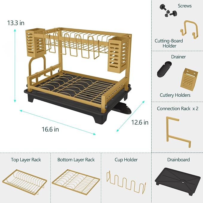 Dish Drying Rack, Rust-Proof 2 Tier Dish Racks for Kitchen Counter | Large Dish Drying Rack with Drainboard & Utensil Holders, Dish Drainers,Kitchen Organization Gold