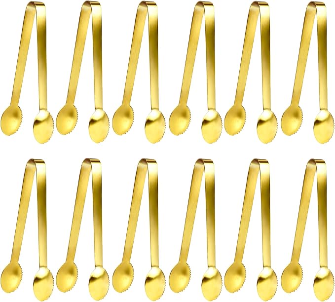 JCREN 12 Pcs Gold Tongs - Stainless Steel Serving Tongs for Food, Appetizers, Desserts - 4.9inch