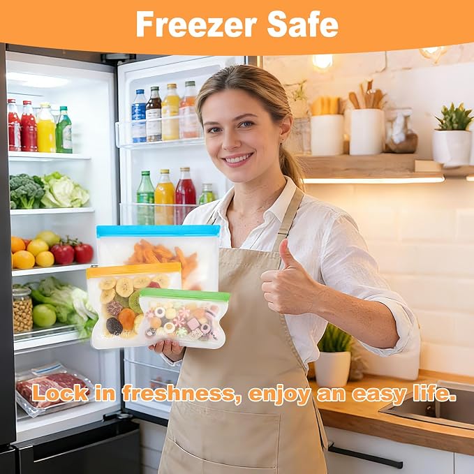 Serfeymi 16 Pack Reusable Gallon Freezer Bags Dishwasher Safe, Extra Thick Reusable Plastic Bags BPA Free, Leak Proof Food Storage Bags with 3 Sizes for Meat, Travel - 5 Gallon 6 Sandwich 5 Snack
