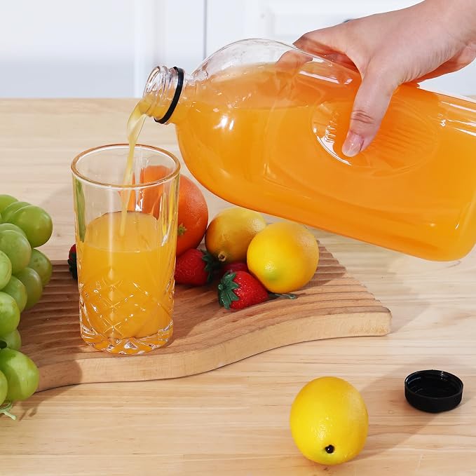6pcs 64oz Reusable Plastic Juice Bottles with Caps, Accessories | Empty Beverage Containers with Lids and Sticker Labels, Funnel, pull handles for Juicing, Smoothies, Tea, Milk