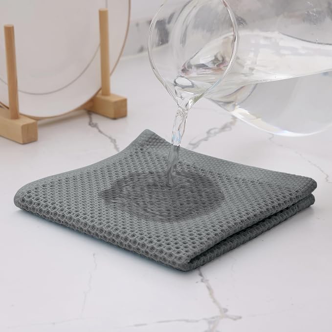 Kitinjoy 100% Cotton Waffle 6-Pack Kitchen Towels, 12" x 12", Grey | Ultra Absorbent, Super Soft, lightweight, Quick Drying Dish Rags for Washing Dishes