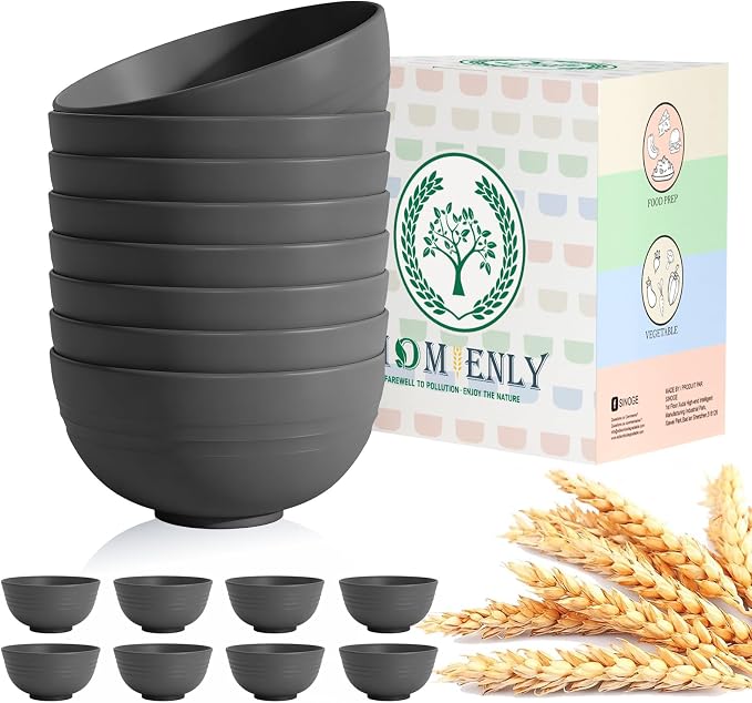 Hoimenly Wheat Straw Bowls for Kitchen, Unbreakable Cereal Bowl Set of 8, 26oz Microwave and Dishwasher Safe Bowls Set for Party, Camping, Alternatives to Plastic Bowl, Stackable Soup Bowls(Dark Grey)