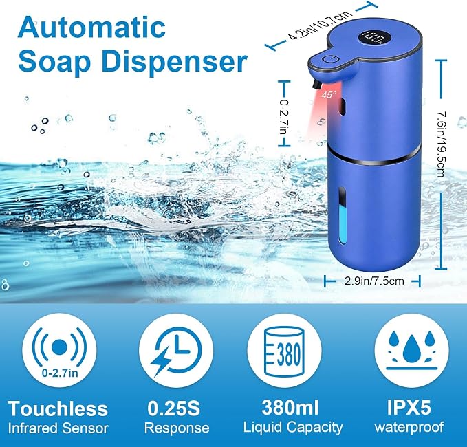 OHIFAST Automatic Foaming Soap Dispenser Touchless, USB Rechargeable Smart Hand Soap Dispenser, 6-Level Adjustable, 12.8oz/380mL Wall Mounted for Bathroom Kitchen Dish Soap-Blue