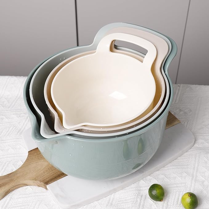 Mixing Bowls - 4 Piece Nesting Plastic Mixing Bowl Set with Pour Spouts and Handles - Non Slip Bottom and Measurement Markings (Light Green)