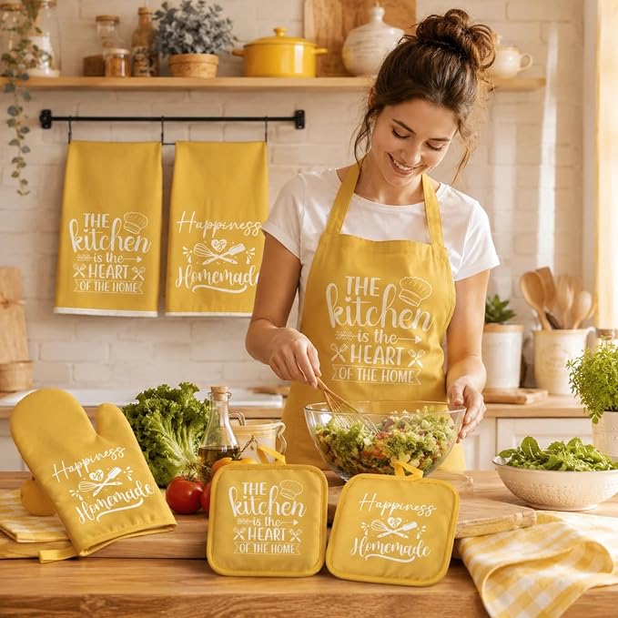 Sratte 6 Pcs Kitchen Decor Accessories Set, Yellow | Farmhouse Kitchen Towels Pot Holders Oven Mitts Set 2 Dish Towels 2 Potholders 2 Cooking Mittens for Baking Cooking Supply