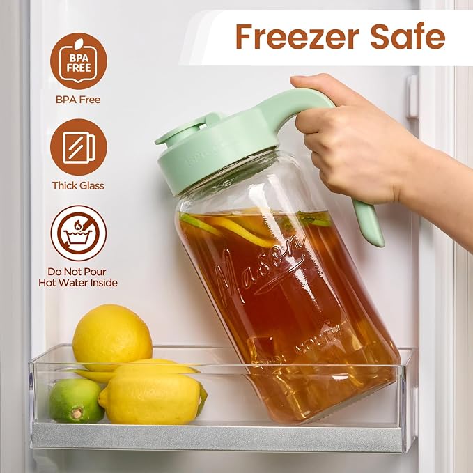 Mason Jar Pitcher with Tea Filter, 64 oz Glass Pitcher with Lid | Airtight, Leakproof, Pour Spout Lid, Ergonomic Handle, Fridge Safe, for Outside, Sun Tea, Lemonade, iced Tea