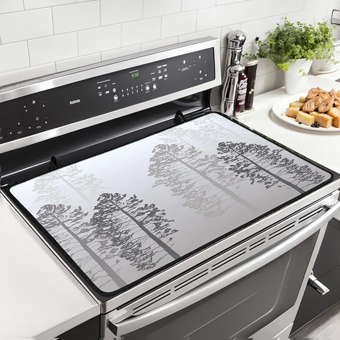 Grey Tree Forest Stove Top Covers for Electric Stove, Nature Pine Trees Pattern Glass Stovetop Cover with Lanyard Forest Gray Beige Countertop Protector Mat for Kitchen 28 x 20 Inch