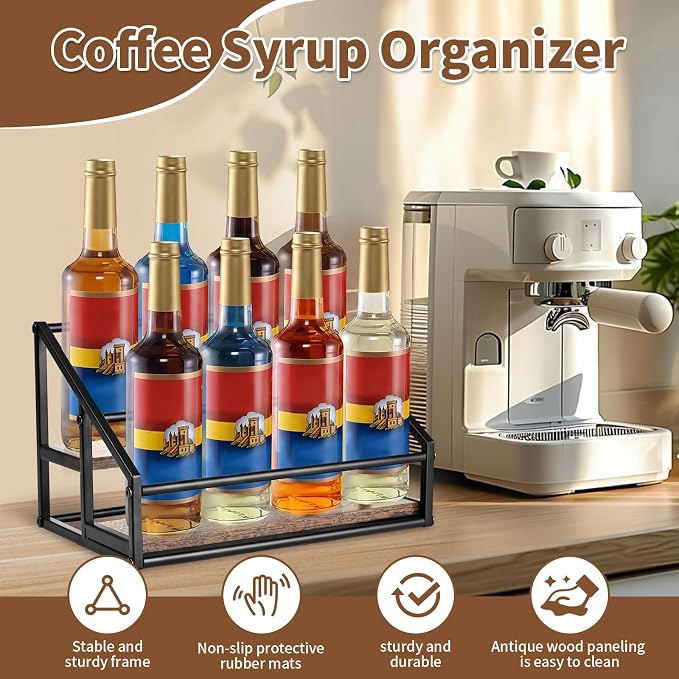 YQBRAO 2-Tier Coffee Syrup Organizer, 8-Bottle Rack, Rustic Brown | Holds up to 8 bottles in two raised rows for coffee bars, kitchens, counters, and beverage stations.