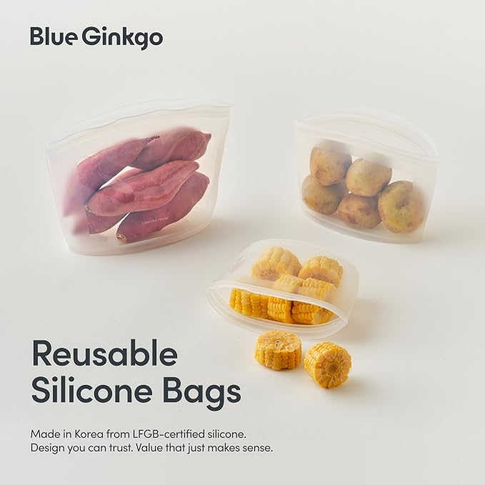 Blue Ginkgo Silicone Food Storage Bags, 3-Pack, Reusable, Made in Korea | Leakproof. Stand Up. Freezer and Dishwasher Safe. (Clear)