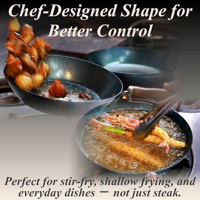 Crafted in Japan. Trusted by Chefs. Japanese Carbon Steel Frying Pan – Precision-Formed, Pre-Seasoned & Lightweight, Chef-Designed for High-Heat Control (7.9 inches)