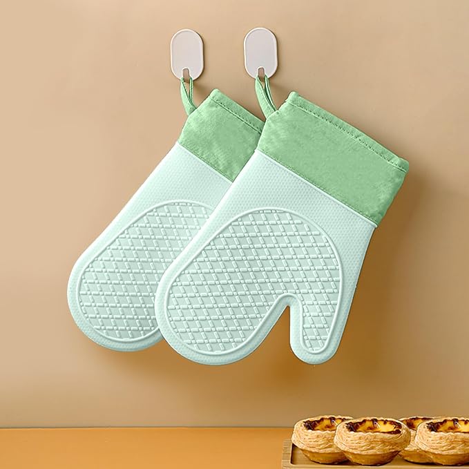 Silicone Oven Mitts，Heat Resistant up to 500°F, Oven Gloves with Soft Lining, Non-Slip Kitchen Essentials, Kitchen Gadgets, Apartment Essentials, Great Gift for Cooking (green-1pair)