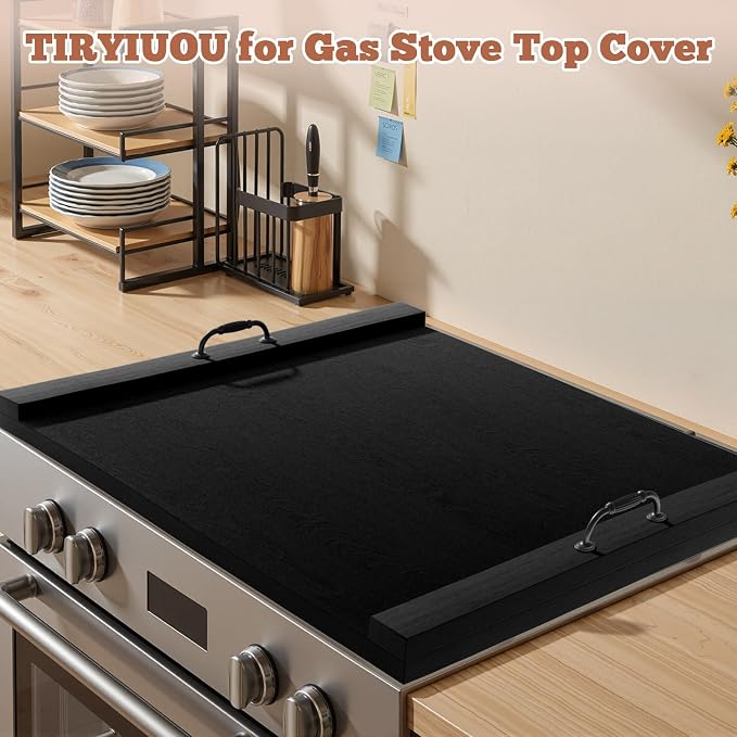 Gas Stove Top Cover: Wooden 30 * 22 Inches Electric Stovetop Covers, Noodle Board with Handles, Wood RV Cutting Board for Kitchen Counter (Black)