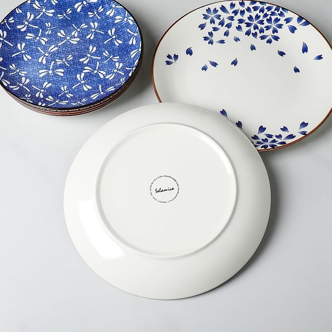 Selamica 10 Inch Kitchen Serving Plates, Large Dessert Plates Ceramic for Salad Pasta Steak, Microwave Dishwasher Safe, Set of 6, Blue