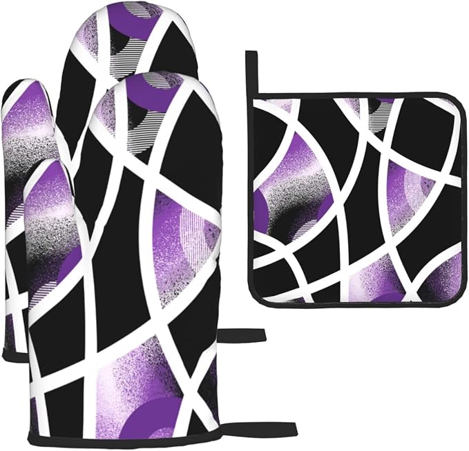 3-Piece Purple Black Abstract Geometric Oven Mitts and Pot Holders Set, Heat Resistant Modern Art Kitchen Gloves Hot Pads for Baking Cooking Grilling, Chef Gifts for Cooking Lovers, Home Decor, Purple
