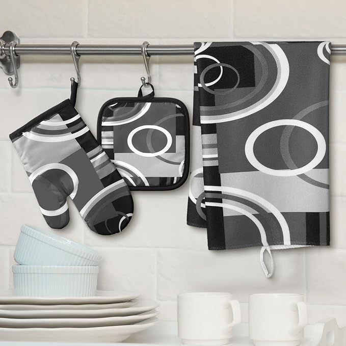 Jingmore 6 Pcs Kitchen Decor Set Accessorie Farmhouse Kitchen Towels Pot Holders Oven Mitts Set 2 Dish Towels 2 Pot Holders 2 Cooking Mittens Oven Glove for Cooking (Gray and Black,Geometric)