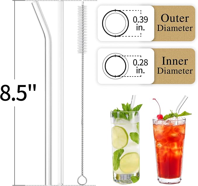 Piteno® 12Pcs Glass Straws with 4Pcs Brushes, 8.5''x10MM, Set of 6 Straight and 6 Bent with 4 Cleaning Brushes, Perfect for Smoothies, Milkshakes, Juice, Tea (Rainbow)