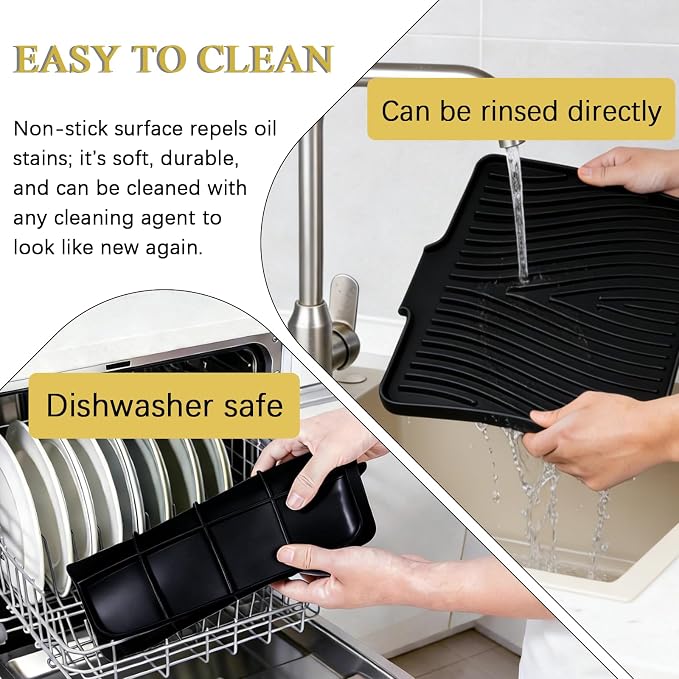 Silicone Dish Drying Mat for Kitchen Counter, Black-1pcs, 16" x 13" | Heat Resistant & Non-Slip Dish Drain Pad with Built-In Drain, Dishwasher Safe, Quick-Dry, Hangable & Roll-Up for Storage