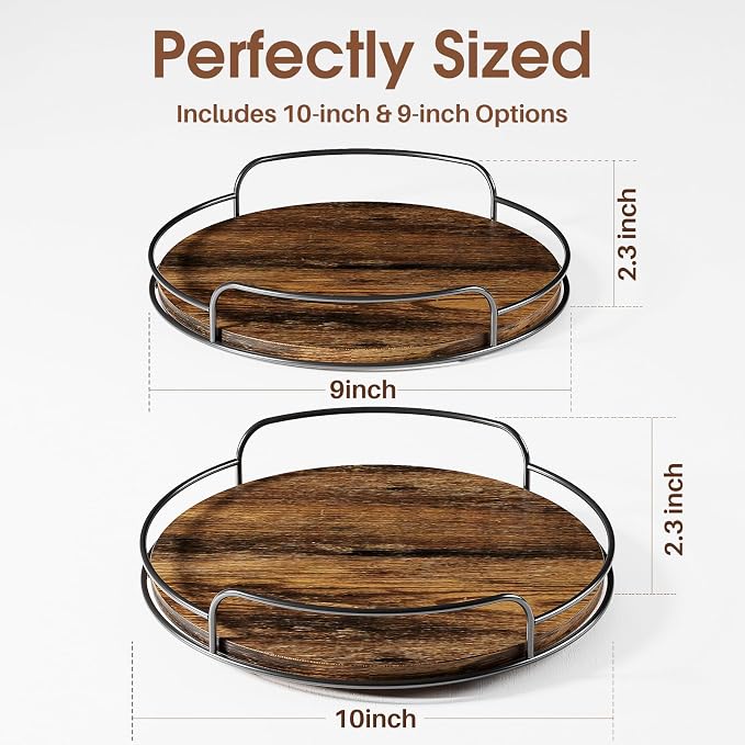 LAMU 2 Pack 9'' 10'' Lazy Susan Turntable Organizer for Table Top Cabinet, Wooden Lazy Susan for Kitchen, Pantry, Countertop, Bathroom Vanity, Spice Organization, Wood Decor