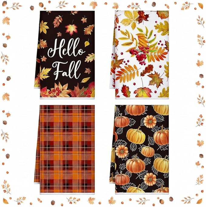 4 Pcs Fall Kitchen Towels Maple Leaves Hand Dish Towels Gift | Pumpkin Orange Fall Decor Absorbent Fast Drying Tea Cloth Housewarming Gift for Thanksgiving Autumn Cooking Kitchen Bathroom