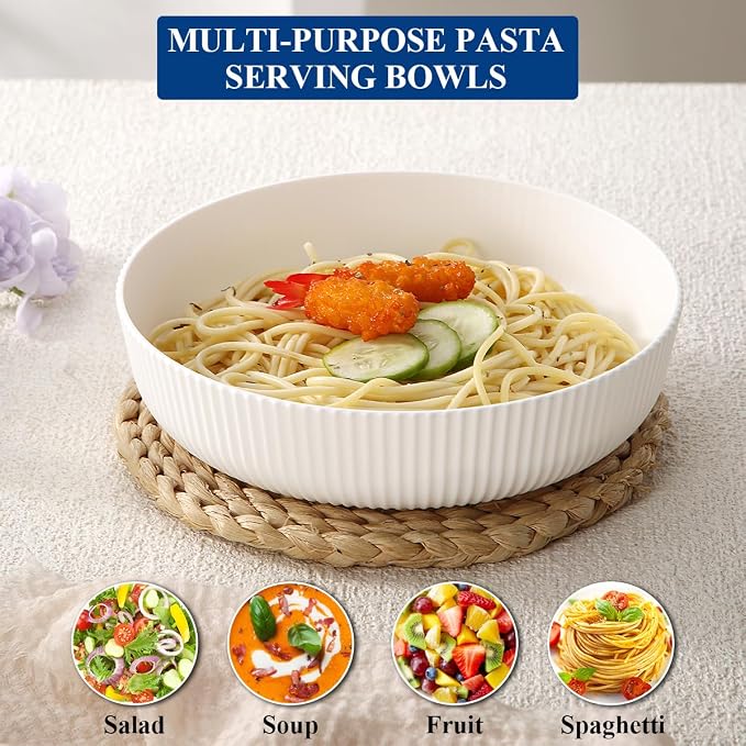 HOMQUEN Pasta Bowls Set of 6, 37oz Salad Bowls White Soup Bowls, Large Pasta Serving Bowls, Unbreakable Plastic Dinner Bowls, Dinnerware Sets,Valentines Day Gift, Dishwasher Safe (White)