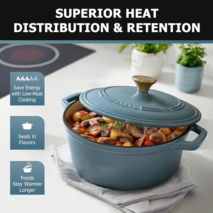 MUELLER HOME 7.5 Quart Enameled Cast Iron Pot Dutch Oven, Heavy-Duty, Oven-Safe up to 500° F & Across All Cooktops, Bread Pan with Lid & Knob, Cast Iron Cookware, Blue Kitchen Accessories,Mineral Blue | Oven-Safe up to 500° F