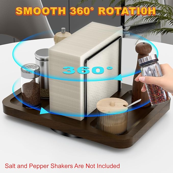 Rotating Napkin Holder for Table with Salt and Pepper Shakers Caddy | Standing Napkin Dispenser, Wood Paper Towel Holder for Bathroom Kitchen Dining Table Decor