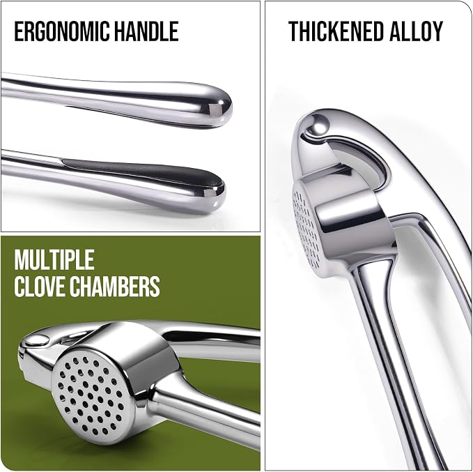Kitchen Garlic Press, Rust Proof & Dishwasher Safe Garlic Mincer, Durable Garlic Crusher, Easy to Clean and Squeeze, Chrome
