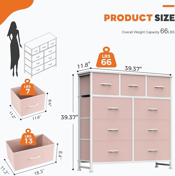 Sweetcrispy 9 Drawer Fabric Dresser Storage Tower Drawer Organizer, Pink | Sturdy Steel Frame with Wood-top, Easy-pull Handles, Space-Saving Organizer Chest for Girls Bedroom, Closet, Lightweight