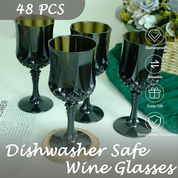 48Pack Plastic Wine Glasses, 7oz Vintage Goblets for Wedding | Unbreakable Crystal Style Reusable Stemware, Elegant Black Drinking Glass for Party Anniversary & Holiday Celebration