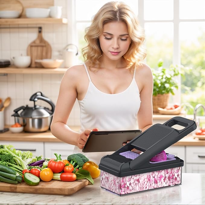 15-in-1 Vegetable Chopper 10 Blades, Veggie Cutter with Handle, Black/Purple | Stainless Steel Blades, Food Container and Lid, Dicer, Slicer, Julienne, Egg Separator, Non-slip Base, Include Cleaning Tools