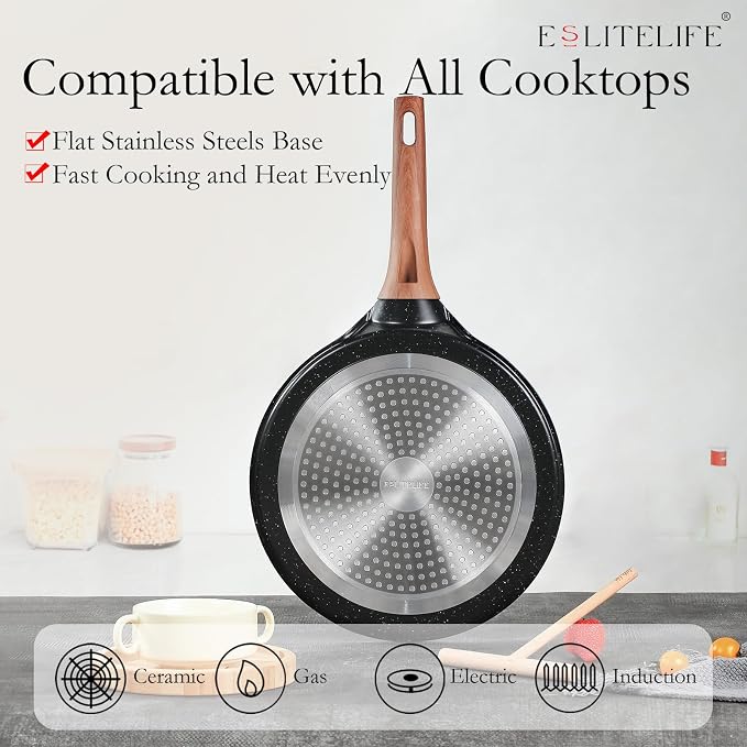 ESLITE LIFE 9.5 Inch Crepe Pan with Spreader, Nonstick Granite Coating Dosa Pan, Roti Tawa Comal Para Tortillas Pancake Griddle Pan, Induction Compatible, PTFE & PFOA Free, Black
