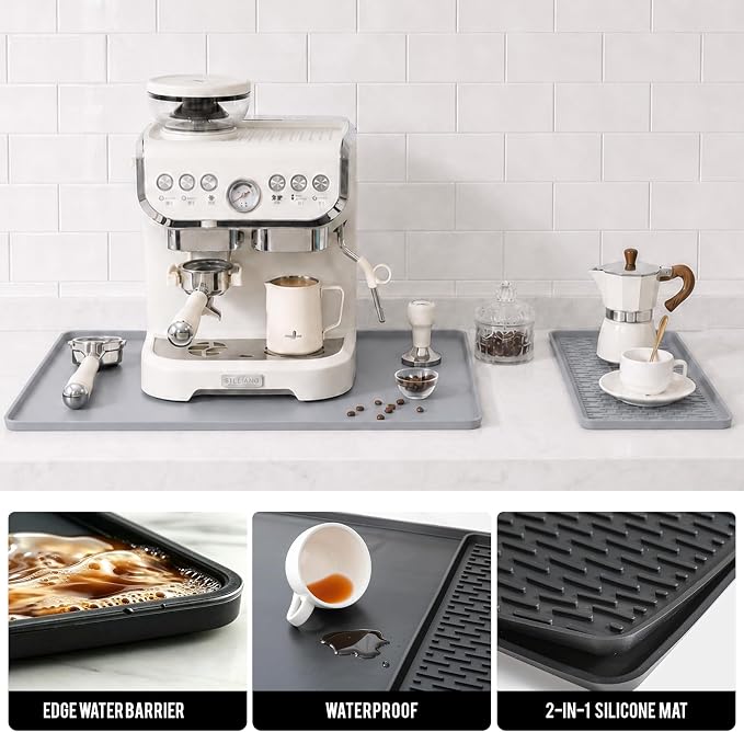 Caketime 2 In 1 Silicone Coffee Bar Mat Accessories for Keurig Coffee Maker with Detachable Dish Drying Rug Kitchen Counter Under Sink Drainer Necessities Home Decor 16"x24" Extra Large Light Gray