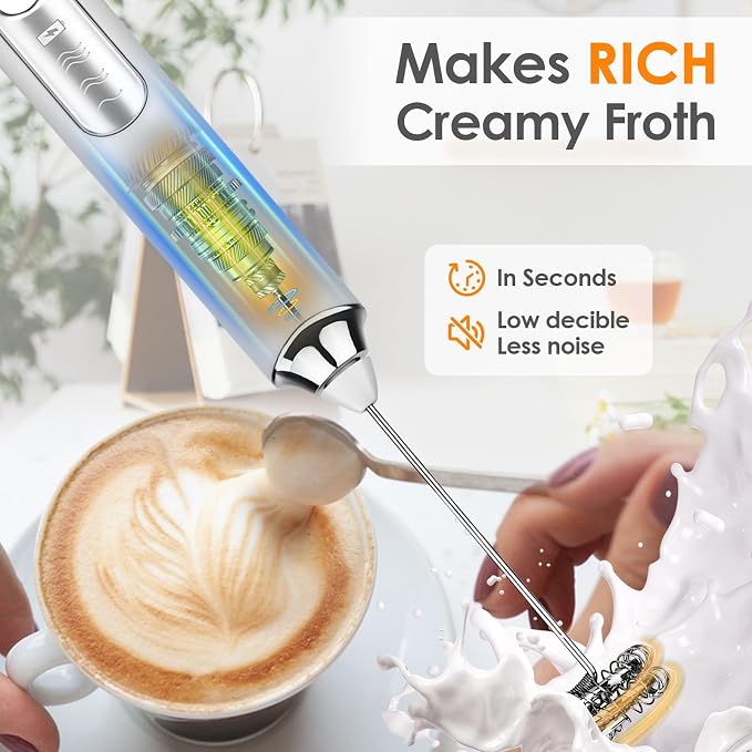 Milk Frother Handheld, Rechargeable Coffee Frother Wand, Drink Mixer, White | Electric Foam Maker with 2 Stainless Whisks 3 Speeds, Hand Mixer for Lattes, Cappuccino, Matcha, Egg