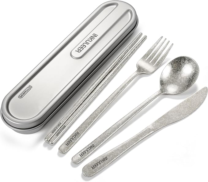 iNKULEER 100% Pure Titanium Travel Cutlery Set | Reusable Utensils with Metal Case | Portable Silverware for Camping, Office, Travel & Outdoor Dining