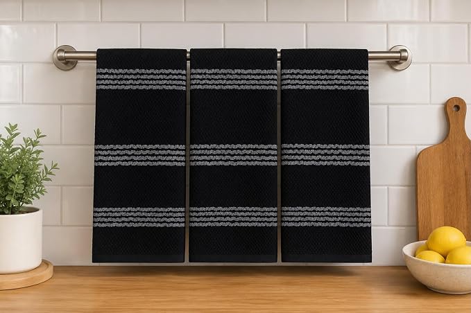 Black Kitchen Hand Dish Towels: Oversized 18" x 28",100% Cotton Soft Absorbent Dish Cloths for Cleaning Drying, Set of 3 Multipurpose for Everyday Use