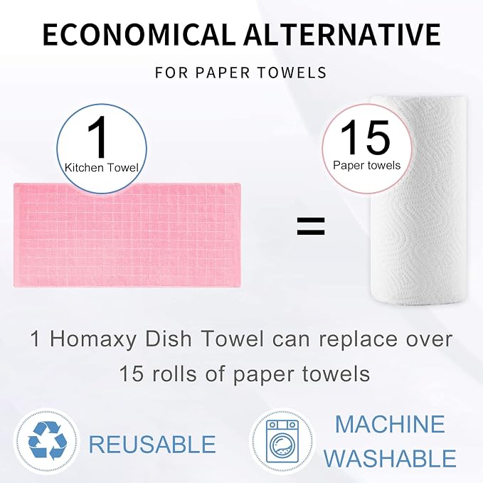 Homaxy 100% Cotton Terry Kitchen Towels, 4 Pack, Pink | Ultra Soft and Absorbent Dish Towels for Kitchen, Suitable for Drying and Washing Dishes